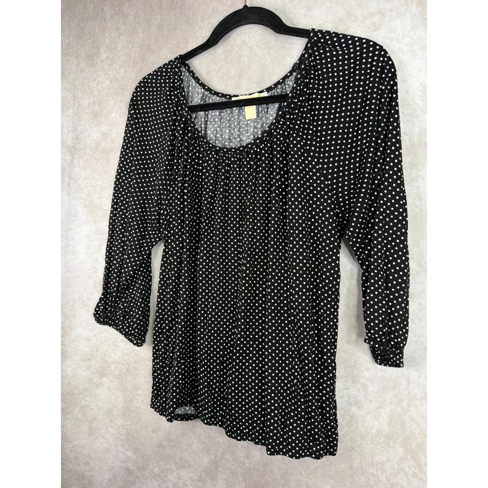 Michael Kors Blouse Womens L Black Polka Dot 3/4 Sleeve Viscose Scoop Neck